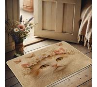 Spring Floral Cat Doormat, Yellow Butterfly Door Mat for Indoor & Outdoor Entrance Vintage Decor, Rubber Waterproof Non-Slip Dust Absorbent Front Doormat, Easy Clean 29x17 Inch