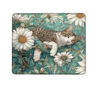 Spring Floral Cat Mouse Pad, Blue Green Daisies Illustrated Artwork, Rubber Non-Slip Washable Gaming Mouse Mat for Home and Office Computer, Laptop Square 8x10 Inch