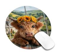 Spring Floral Cow Desk Mouse Pad, Brown Highland Cattle with Sunflowers, Rubber Non-Slip Washable Gaming Mousepad for Home and Office Computer, Laptop Round 8x8 Inch