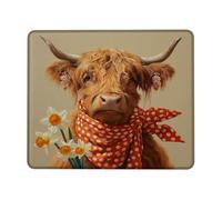 Spring Floral Cow Mouse Pad, Brown Orange Highland Cattle with Daffodils, Stitched Edge Non-Slip Mousepad for Home and Office Computer, Laptop Square 9.4"x7.9"