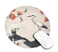 Spring Floral Crane Desk Mouse Pad, Peach Black Watercolor Birds Stitched Edge Mousepad, Rubber Non-Slip Washable Gaming Mouse Pad for Home and Office Computer, Laptop Round 8x8 Inch