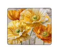 Spring Floral Desk Mouse Pad, Yellow Orange Poppy Flower Stitched Edge Mousepad, Rubber Non-Slip Washable Gaming Mouse Pad for Home and Office Computer, Laptop Square 8x10 Inch