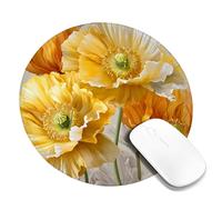 Spring Floral Desk Mouse Pad, Yellow Orange Poppy Flower Stitched Edge Mousepad, Rubber Non-Slip Washable Gaming Mouse Pad for Home and Office Computer, Laptop Round 8x8 Inch