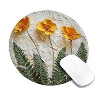 Spring Floral Desk Mouse Pad, Yellow Orange Poppy Stitched Edge Mousepad, Rubber Non-Slip Washable Gaming Mouse Pad for Home and Office Computer, Laptop Round 8x8 Inch