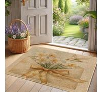 Spring Floral Door Mat, White Daffodil & Yellow Bow Welcome Mat for Indoor & Outdoor Use, Rustic Garden Decor, Non-Slip Waterproof Floor Mat, Easy to Clean 29x17 Inch