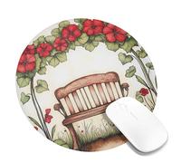Spring Floral Garden Bench Desk Mouse Pad, Red Green Flowering Plants Stitched Edge Mousepad, Rubber Non-Slip Washable Office Mouse Pad for Home and Work Round 8x8 Inch