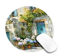 Spring Floral Garden Desk Mouse Pad, Blue Peach Hydrangea Stitched Edge Mousepad, Rubber Non-Slip Washable Gaming Mouse Pad for Home and Office Computer, Laptop Round 8x8 Inch