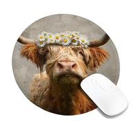 Spring Floral Highland Cow Mouse Pad, Beige Brown Cute Cow with Daisy Flowers, Stitched Edge Non-Slip Mousepad for Home and Office Use Round 8x8 Inch