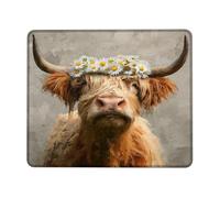 Spring Floral Highland Cow Mouse Pad, Beige Brown Cute Cow with Daisy Flowers, Stitched Edge Non-Slip Mousepad for Home and Office Use Square 8x10 Inch
