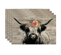 Spring Floral Highland Cow Placemats, Brown Vintage Rustic Farmhouse Farm Animal Place Mats for Dining Table, Non-Slip Washable Indoor Outdoor Holiday Party Decorative Placemats Set of 4