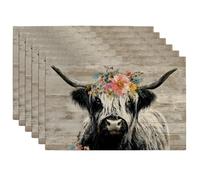 Spring Floral Highland Cow Placemats, Brown Vintage Rustic Farmhouse Farm Animal Place Mats for Dining Table, Non-Slip Washable Indoor Outdoor Holiday Party Decorative Placemats Set of 6