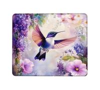 Spring Floral Hummingbird Desk Mouse Pad, Violet Blue Watercolor Flowers Stitched Edge Mousepad, Rubber Non-Slip Washable Gaming Mouse Pad for Home and Office Computer, Laptop Square 8x10 Inch