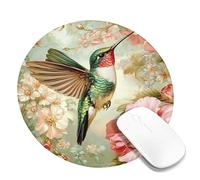 Spring Floral Hummingbird Mouse Pad, Vintage Nature Design Stitched Edge Mousepad, Rubber Non-Slip Washable Desk Gaming Mouse Pad for Home and Office Computer, Laptop Round 8x8 Inch