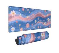 Spring Floral Large Gaming Mouse Pad, Blue Peach Watercolor Flowers Stitched Edge Mousepad, Rubber Non-Slip Washable Gaming Mouse Pad for Home and Office Computer, Laptop 16x36 Inch