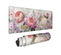 Spring Floral Large Gaming Mouse Pad, Vintage Peach Peony Flower Design Stitched Edge Mousepad, Rubber Non-Slip Washable Gaming Mouse Pad for Home and Office Computer, Laptop 16x36 Inch