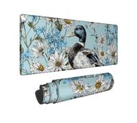 Spring Floral Large Mouse Pad, Aqua Blue Duck and Daisy Design, Stitched Edge Mousepad, Rubber Non-Slip Washable Gaming Mouse Pad for Home and Office Computer, Laptop 16x36 Inch