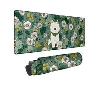 Spring Floral Large Mouse Pad, Green White Daisy & Dog Design Stitched Edge Mousepad, Rubber Non-Slip Washable for Home and Office Computer, Gaming, Laptop 16x36 Inch