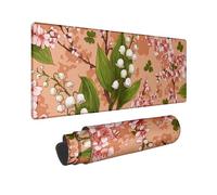 Spring Floral Large Mouse Pad, Peach Blossom and Lily of The Valley Design, Rubber Non-Slip Washable Mousepad for Home Office Gaming, Soft Stitched Edge 16x36 Inch