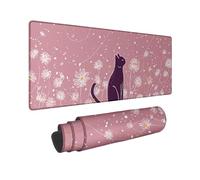 Spring Floral Large Mouse Pad, Peach Cat Silhouette with Daisies, Stitched Edge Non-Slip Mousepad for Home and Office Use 12x32 Inch