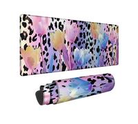 Spring Floral Large Mouse Pad, Soft Pastel Tulips on Leopard Print Stitched Edge Mousepad, Rubber Non-Slip Washable Gaming Mouse Pad for Home and Office Computer, Laptop 12x32 Inch