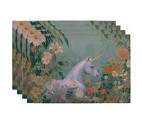 Spring Floral Magical Horse Placemats, Green Fantasy Botanical Place mats for Dining Table, Non-Slip Washable Indoor Outdoor Party Decorative Placemat Set of 4