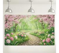 Spring Floral Pathway Backdrop, Beautiful Blooming Garden Scene for Photography, Peach Green Nature Background for Party Decorations, Outdoor/Indoor Events 71x43 Inch