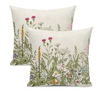 Spring Floral Pillow Covers 18 x 18 Inch Set of 2 Vintage Sage Green Wild Flowers Decor Throw Pillows Wildflower Plant Outdoor Farmhouse Decorative Cushion Cases for Couch Bed Sofa Decoration