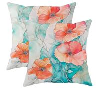 Spring Floral Pillow Covers Set of 2, Coral Peach and Aqua Botanical Throw Pillows Case, Outdoor Decorative Square Cottage Decor Cushion Covers for Home Sofa Bed Couch 18x18 Inch