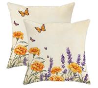 Spring Floral Pillow Covers Set of 2, Orange Marigold and Lavender Decorative Throw Pillow Cases, Outdoor Cottage Style Couch Cushions for Home Sofa Bed Decor 18x18 Inch