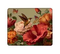Spring Floral Rectangle Desk Mouse Pad, Vibrant Red Peach Flowers Stitched Edge Mousepad, Rubber Non-Slip Washable Gaming Mouse Pad for Home and Office Computer, Laptop Square 8x10 Inch