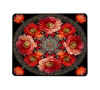 Spring Floral Round Desk Mouse Pad, Red Orange Poppy Pattern Stitched Edge Mousepad, Rubber Non-Slip Washable Gaming Mouse Pad for Home and Office Computer, Laptop Square 8x10 Inch