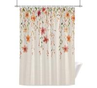 Spring Floral Shower Curtain for Bathroom, Watercolor Leaf Romantic Red Yellow Flowers Retro Waterproof Cloth Fabric Bathroom Accessories Set with 12 Rust Proof Plastic Hooks, 60” x 72”