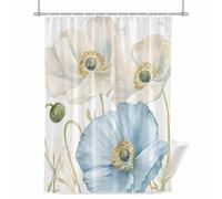 Spring Floral Shower Curtain for Bathroom, Watercolor White Blue Poppy Flowers Leaf Plant Waterproof Cloth Fabric Bathroom Accessories Set with 12 Rust Proof Plastic Hooks, 48” x 72”