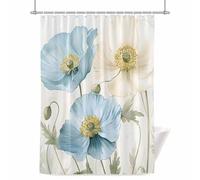 Spring Floral Shower Curtain for Bathroom, White Blue Poppy Flowers Leaf Watercolor Plant Waterproof Cloth Fabric Bathroom Accessories Set with 12 Rust Proof Plastic Hooks, 48” x 72”
