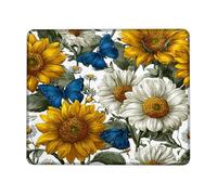 Spring Floral Square Mouse Pad, Bright Yellow Sunflowers & White Daisies with Blue Butterflies, Non-Slip Washable Gaming Mousepad for Home & Office Use Square 8x10 Inch