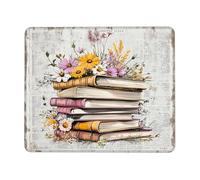 Spring Floral Stack Books Mouse Pad, Colorful Flowers Design with Stitched Edge, Non-Slip Washable Mousepad for Home and Office Use, Ideal for Computer and Laptop Square 8x10 Inch