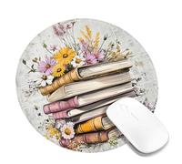 Spring Floral Stack Books Mouse Pad, Colorful Flowers Design with Stitched Edge, Non-Slip Washable Mousepad for Home and Office Use, Ideal for Computer and Laptop Round 8x8 Inch