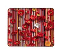Spring Floral Striped Desk Mouse Pad, Red Yellow Poppy Flowers Stitched Edge Mousepad, Rubber Non-Slip Washable Gaming Mouse Pad for Home and Office Computer, Laptop Square 8x10 Inch