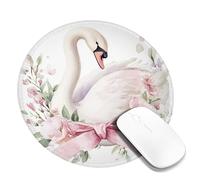 Spring Floral Swan Mouse Pad, Peach White Watercolor Flowers Stitched Edge Mousepad, Rubber Non-Slip Washable Gaming Mouse Pad for Home and Office Computer, Laptop Round 8x8 Inch