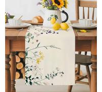 Spring Floral Table Runner 13x108 Inches Long Watercolor White Yellow Pink Flower Teal Leaf Linen Texture Retro Cotton Linen Table Runner Burlap Style for Dinner Table Party Decor Tabletop Decorations