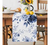 Spring Floral Table Runner 13x120 Inches Long Classic Blue Gradient Flowers Cotton Linen Table Runner Burlap Style for Dinner Table Party Decor Tabletop Decorations