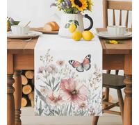 Spring Floral Table Runner 13x36 Inches Long Vintage Cosmos Leaf Butterfly Pastoral Cotton Linen Table Runner Burlap Style for Dinner Table Party Decor Tabletop Decorations