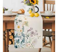 Spring Floral Table Runner 13x36 Inches Long Watercolor White Yellow Purple Pink Flower Teal Leaf Linen Texture Cotton Linen Table Runner Burlap Style for Dinner Table Party Decor Tabletop Decorations