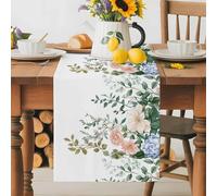 Spring Floral Table Runner 13x48 Inches Long Country Watercolor White Pink Blue Flower Green Leaves Cotton Linen Table Runner Burlap Style for Dinner Table Party Decor Tabletop Decorations