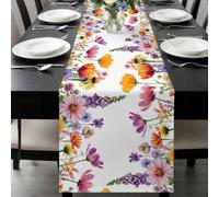Spring Floral Table Runner 13x48 Inches Long Romantic Colorful Flowers Watercolor Vintage Leaf Cotton Linen Table Runner Burlap Style for Dinner Table Party Decor Tabletop Decorations