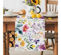 Spring Floral Table Runner 13x48 Inches Long Romantic Gradient Pink Purple Yellow Flower Farmhouse Cotton Linen Table Runner Burlap Style for Dinner Table Party Decor Tabletop Decorations