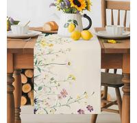 Spring Floral Table Runner 13x48 Inches Long Watercolor White Yellow Pink Flower Teal Leaf Linen Texture Cotton Linen Table Runner Burlap Style for Dinner Table Party Decor Tabletop Decorations