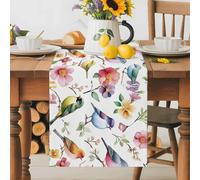 Spring Floral Table Runner 14x72 Inches Long Gradient Pink Flowers Cute Bird Romantic Farmhouse Cotton Linen Table Runner Burlap Style for Dinner Table Party Decor Tabletop Decorations