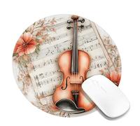 Spring Floral Violin Mouse Pad, Peach Peach Music Notes Stitched Edge Mousepad, Rubber Non-Slip Washable Gaming Mouse Pad for Home and Office Computer, Laptop Round 8x8 Inch
