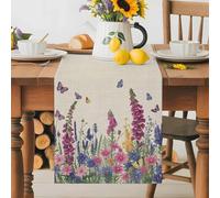 Spring Florals Table Runner 13x90 Inches Long Lavender Blue Pink Flower Butterflies Vintage Cotton Linen Table Runner Burlap Style for Dinner Table Party Decor Tabletop Decorations